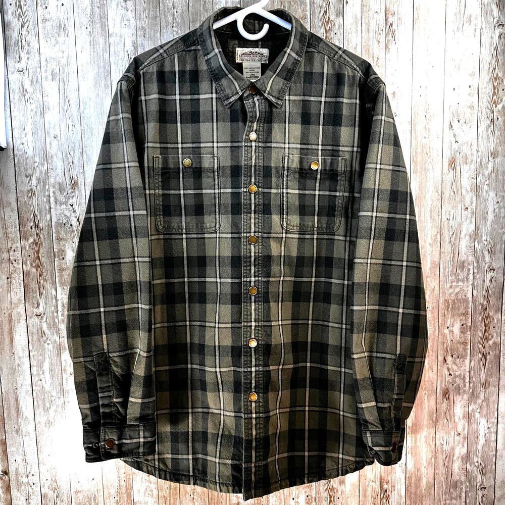 LL Bean‎ Kahatdid Iron Works Jacket Shacket sz L Green Black Plaid Heavy Outdoor